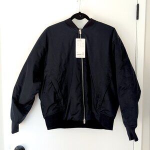 Athleta x Simone Biles Sateen Bomber full zip jacket L navy blue NWT lined $199